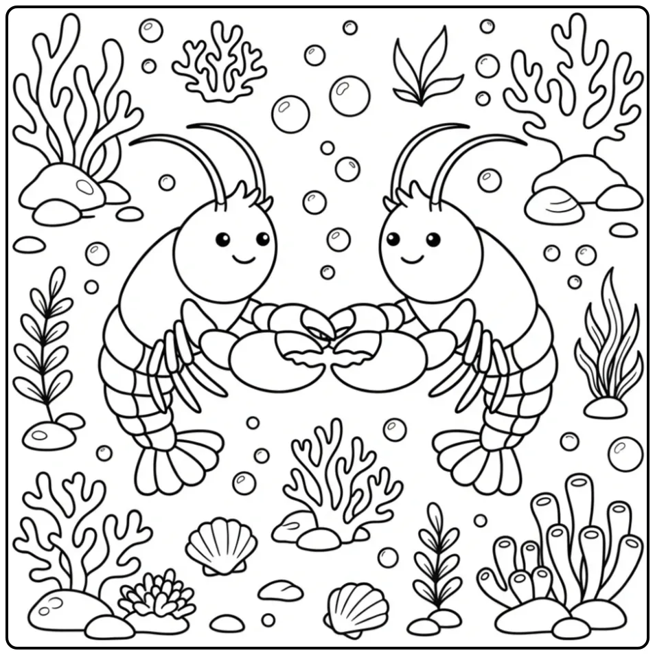 Vrolijke kreeft kleurplaat met twee dansende kreeften onder water.