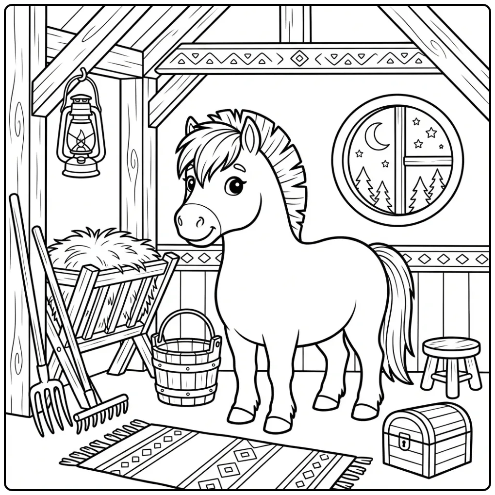 Leuke paarden kleurplaat fjord in een gezellige stal.