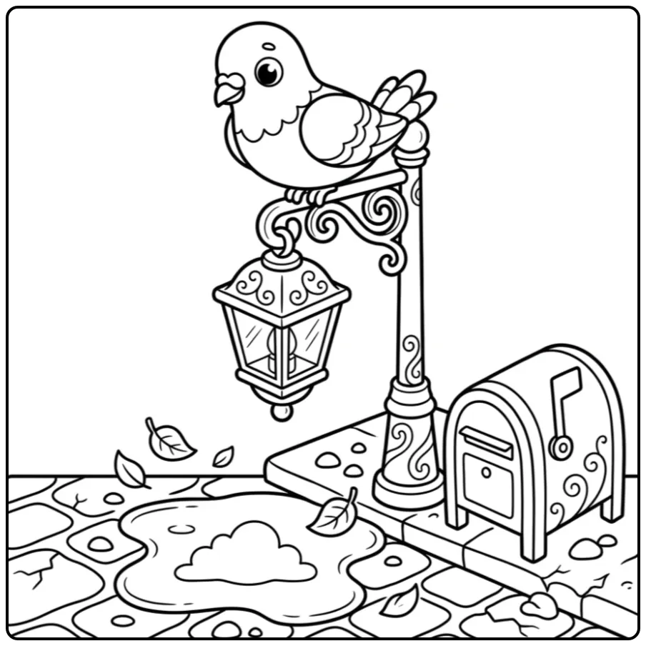 Kleurplaat duif zittend op een klassieke lantaarnpaal.