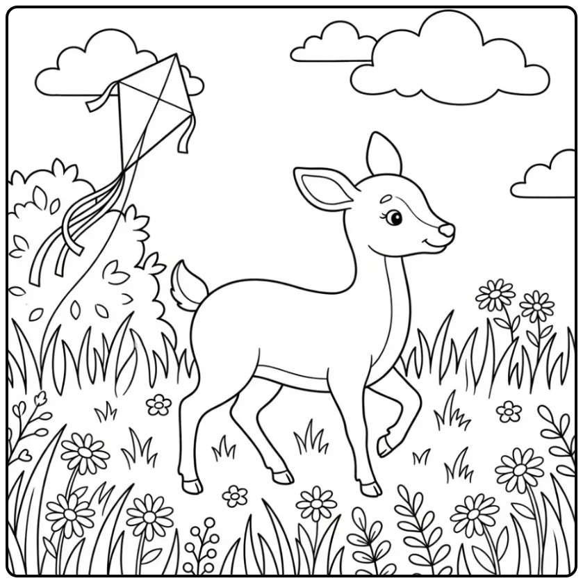 Kleurplaat hert in een wei met bloemen en een vlieger.