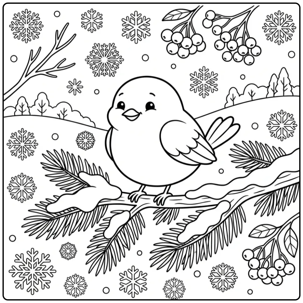 Printbare kleurplaat vogels in de winter met sneeuwvlokken.