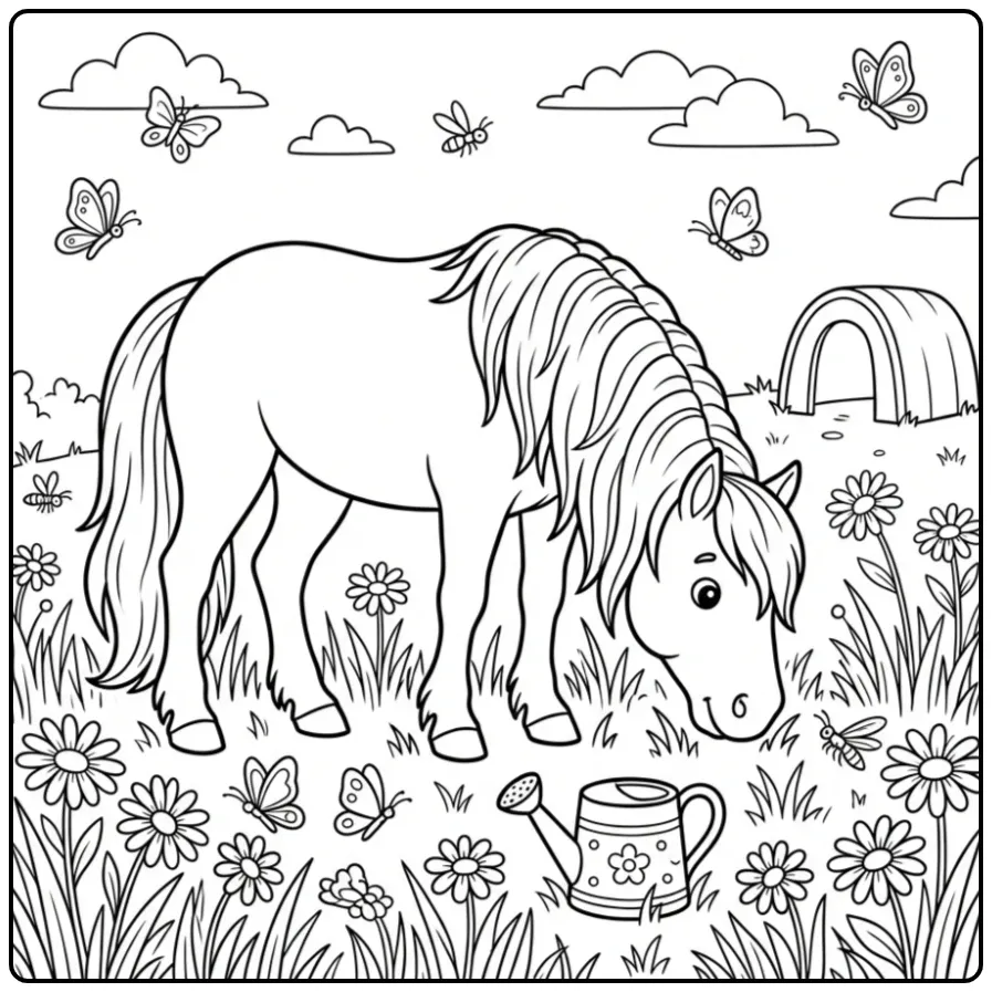 Paarden kleurplaat fries van een grazend paard met bloemen.