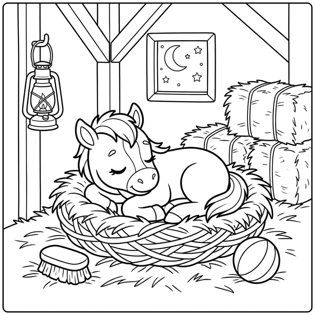 Slapend diertje op een schattige veulen kleurplaat.