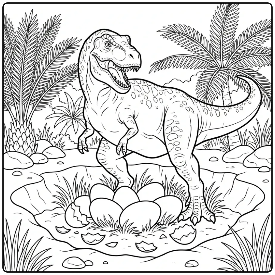 T rex kleurplaat van een dinosaurus die eieren in een nest bewaakt.