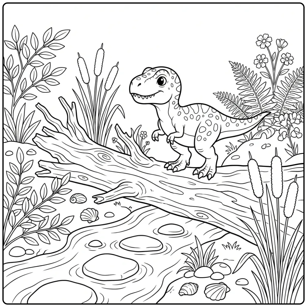 Schattige baby t rex kleurplaat bij een boomstambrug.