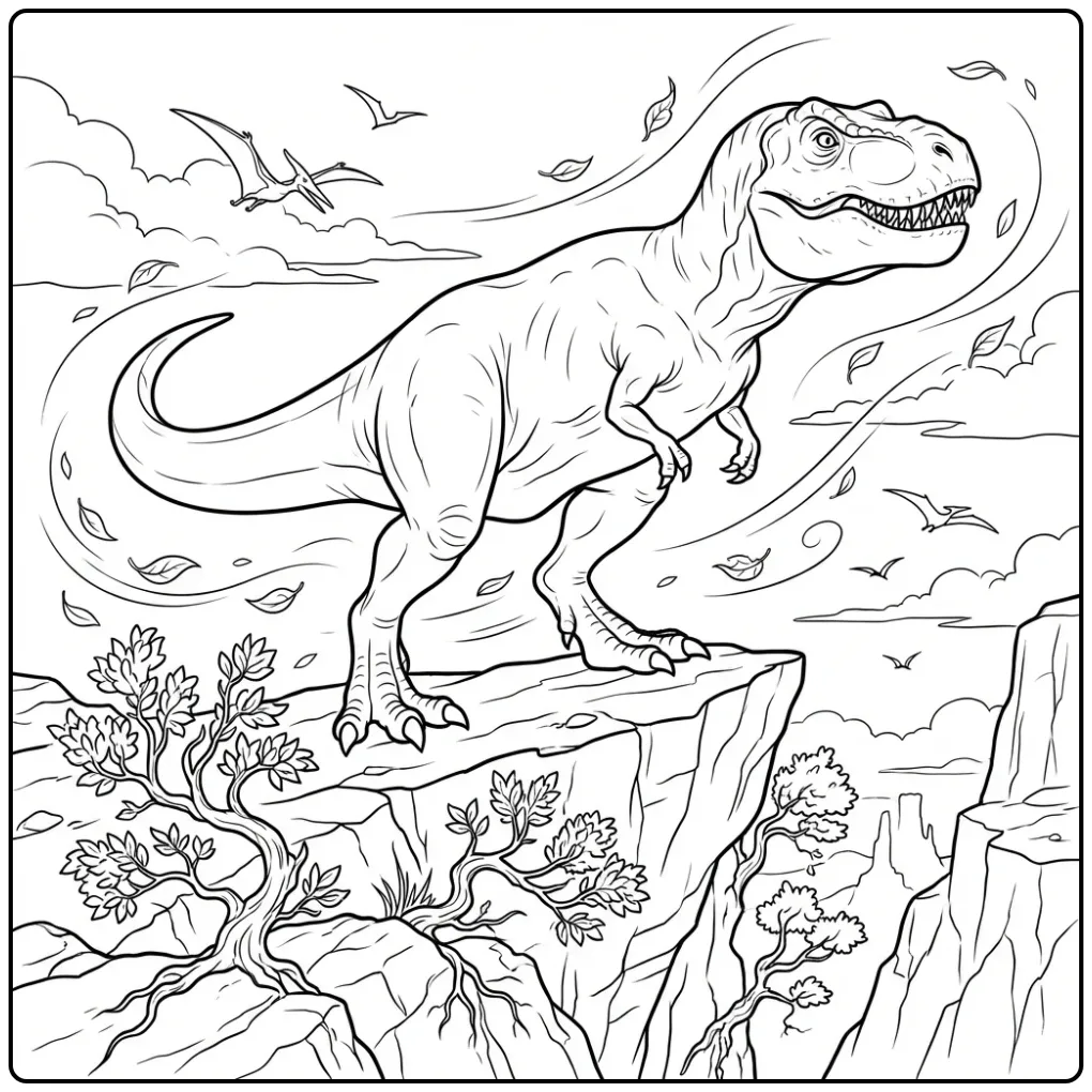 Realistische t rex kleurplaat op een winderige klifrand