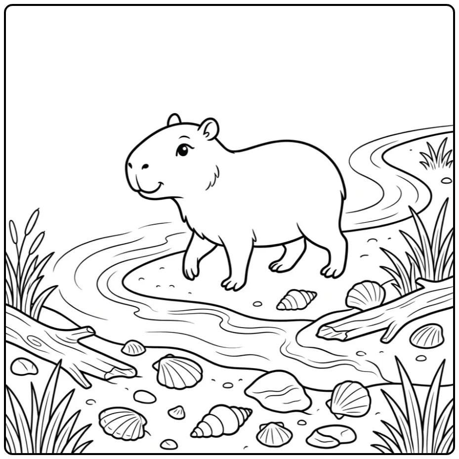 Capybara kleurplaat cute lopend langs de rivier.