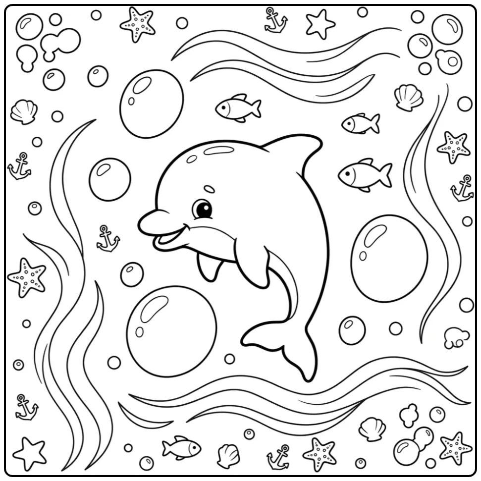 Leuke dolfijn kleurplaat makkelijk met bubbels en visjes.