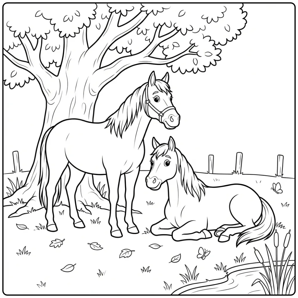 Leuke kleurplaat paard van twee paarden onder een boom.