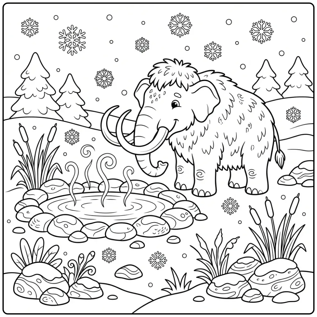 Schattige mammoet kleurplaat bij een warme bron in de sneeuw.