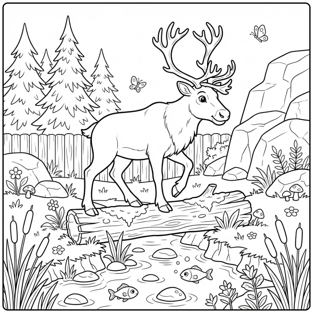 Rendier kleurplaat lopend over een boomstam bij een beekje.