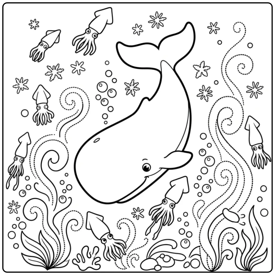 Duikende potvis staart op deze leuke walvis kleurplaat.