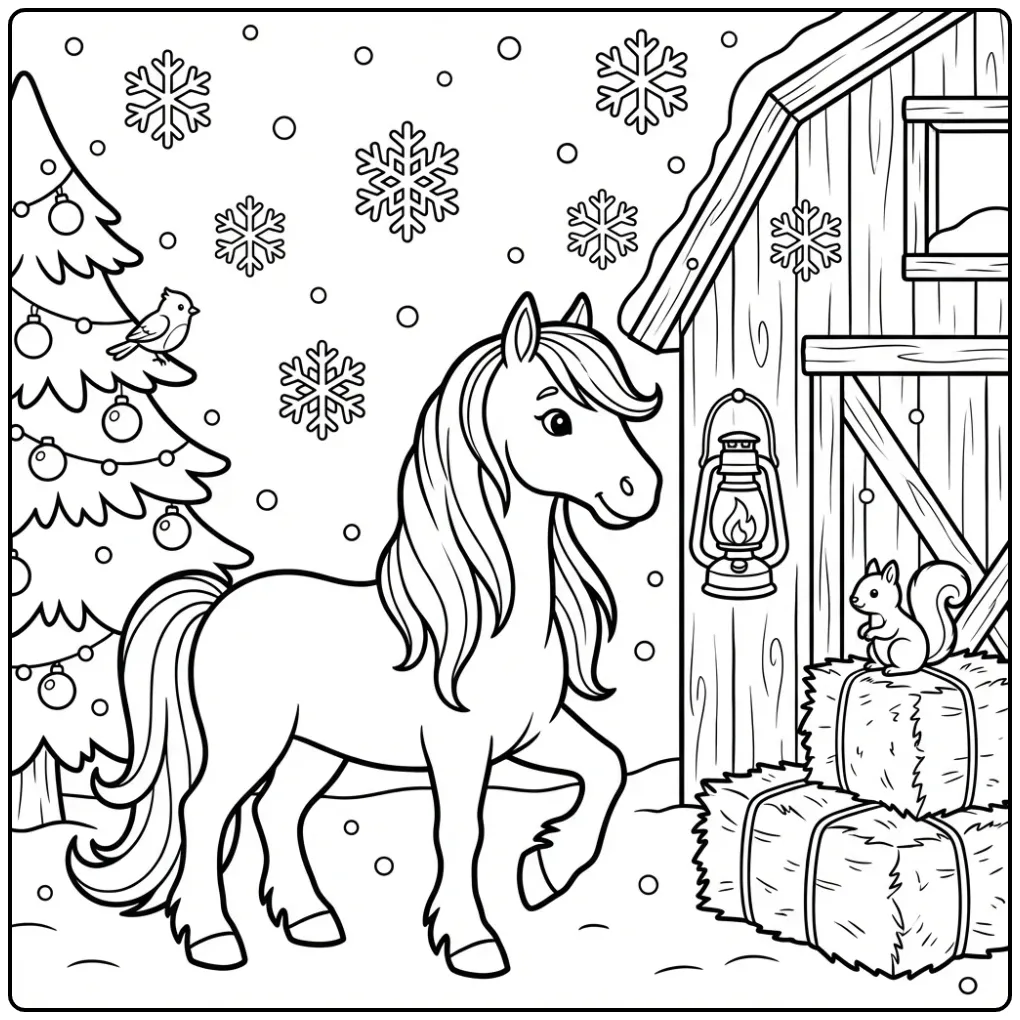 Leuke paarden kleurplaat fries met sneeuw en hooi