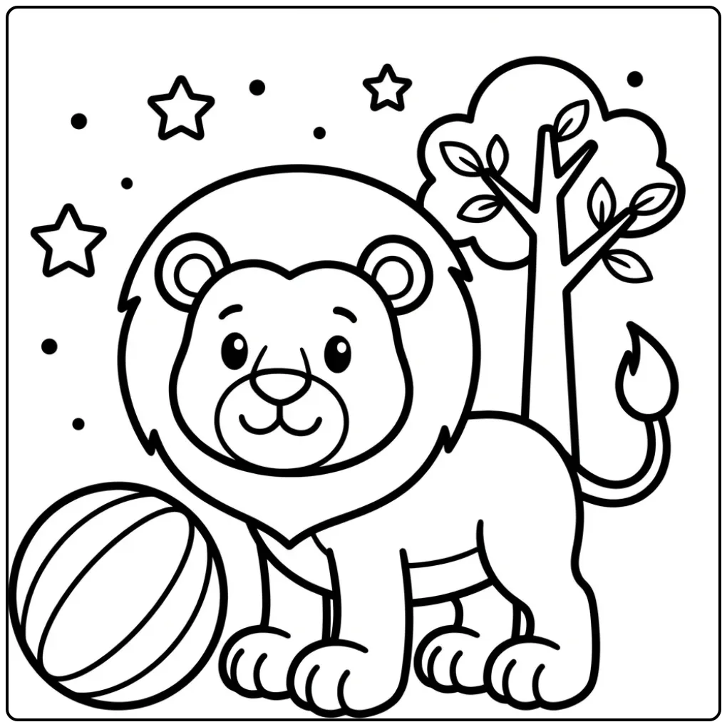 Schattige kleurplaat leeuw peuter met een bal en boom.