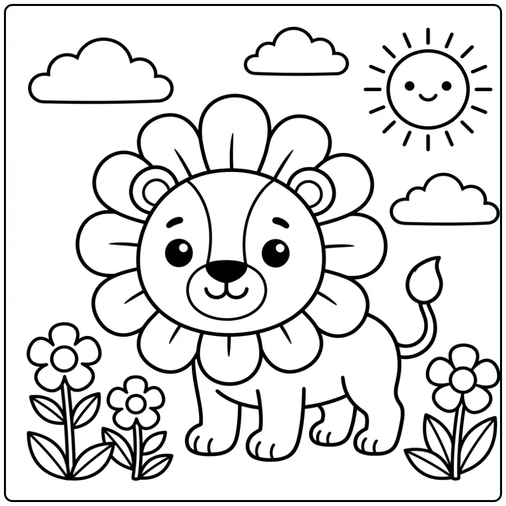 Vrolijke kleurplaat leeuw peuter met bloemen en zon.