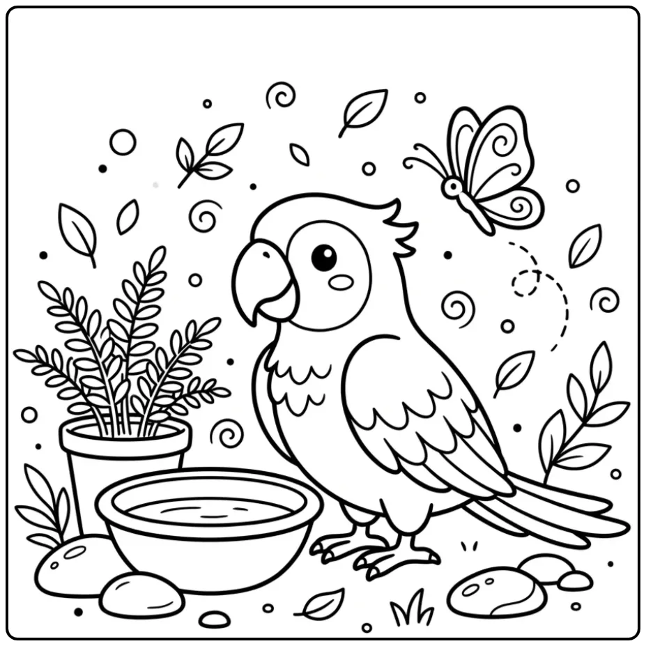 Schattige kleurplaat papegaai peuters bij een vogelbadje.