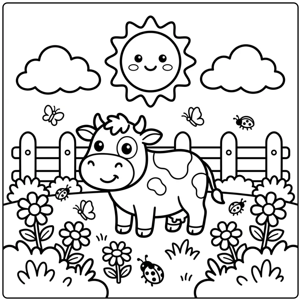 Lieve koe kleurplaat peuter met bloemen en zon.