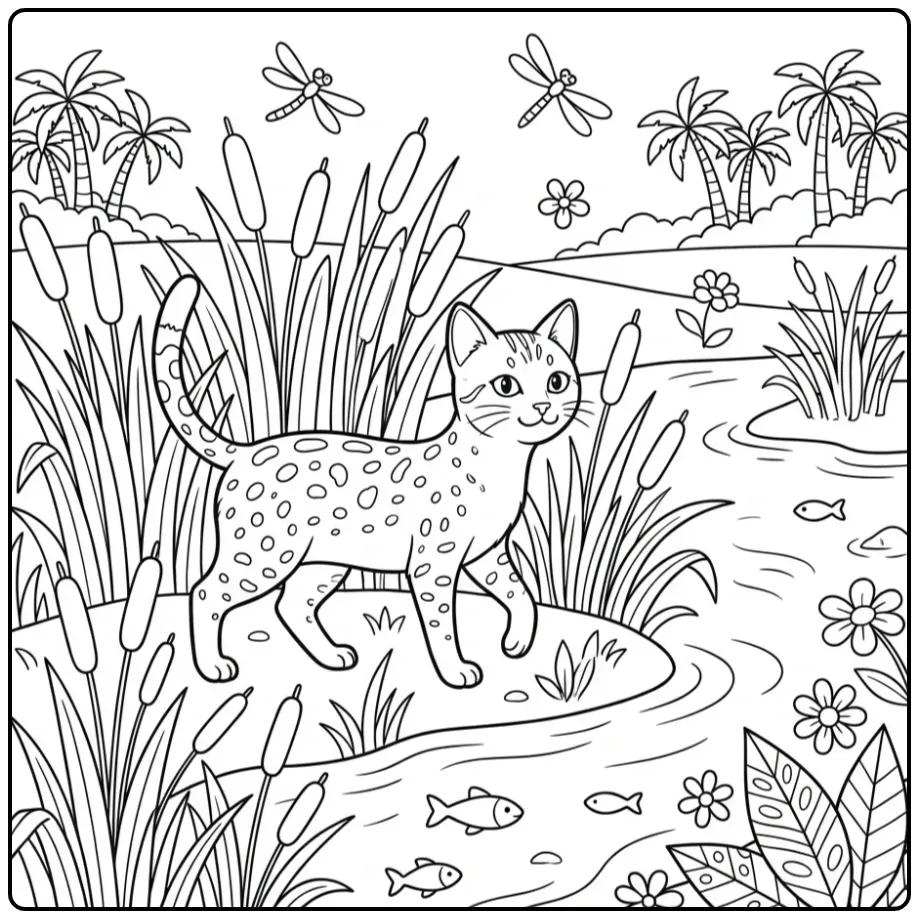 Schattige poes kleurplaat wandelend door riet langs de rivier.