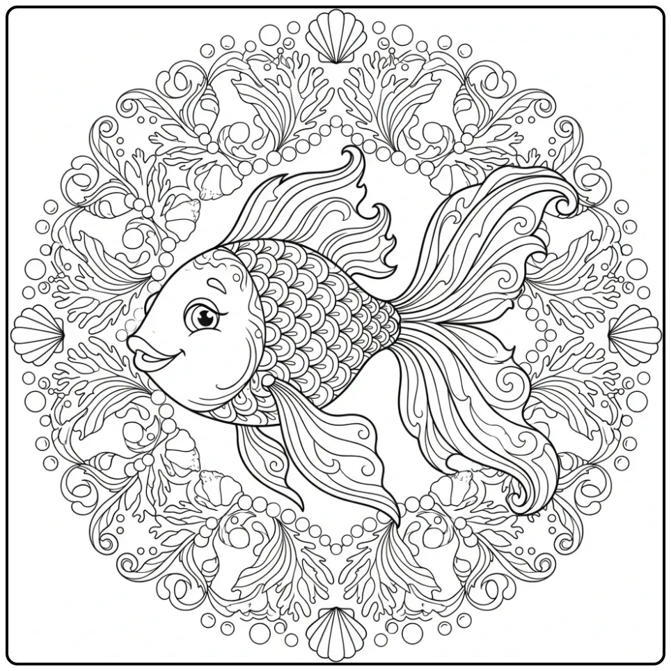 Gedetailleerde kleurplaat vissen volwassenen in mandala