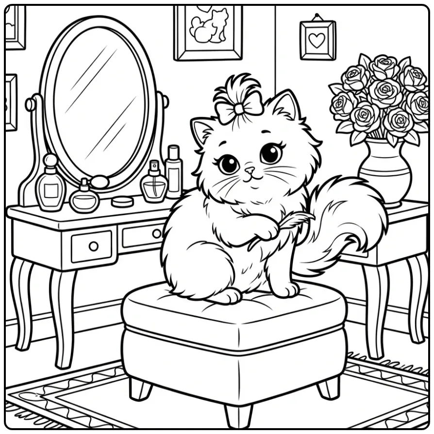 Poes kleurplaat van een Perzische kat die haar staart wast.