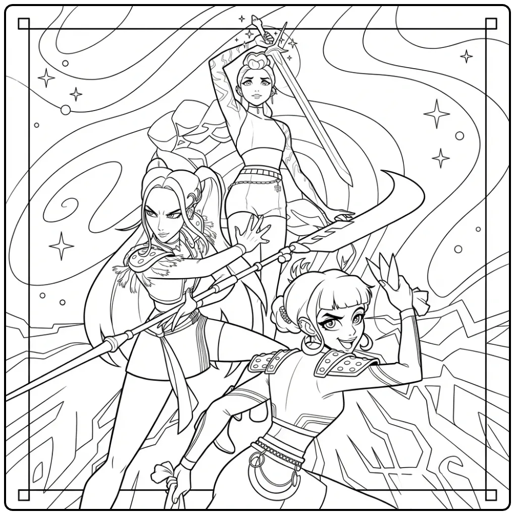 Kleurplaat kpop demon hunters, drie heldinnen met wapens.