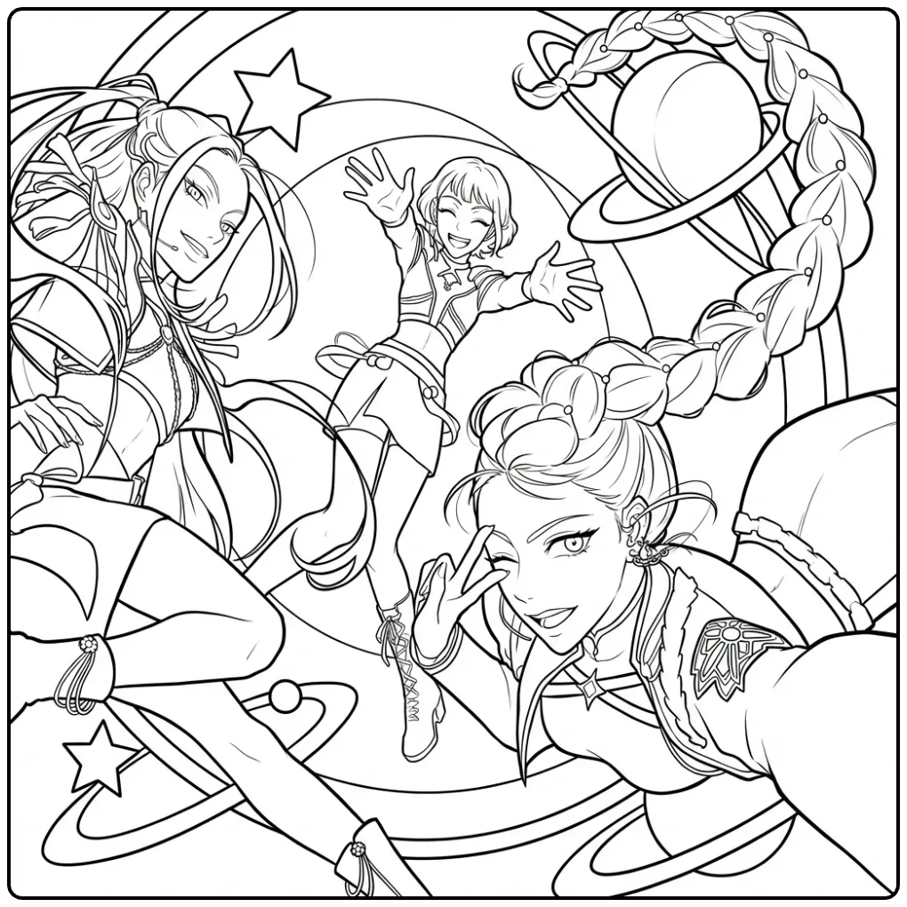 Gedetailleerde kleurplaat kpop demon hunters in kosmische actie.