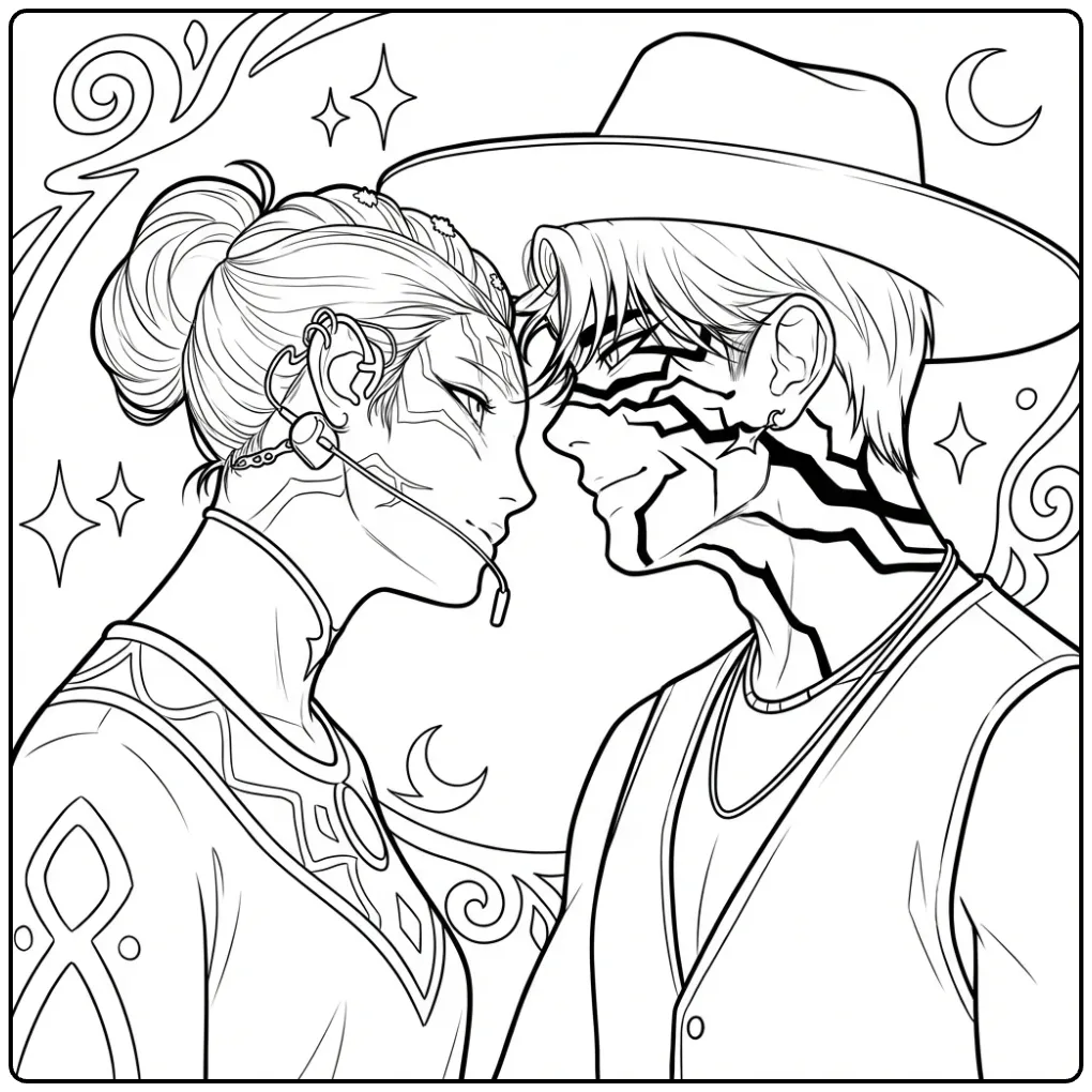 Kpop demon hunters kleurplaat van man en vrouw met markeringen.