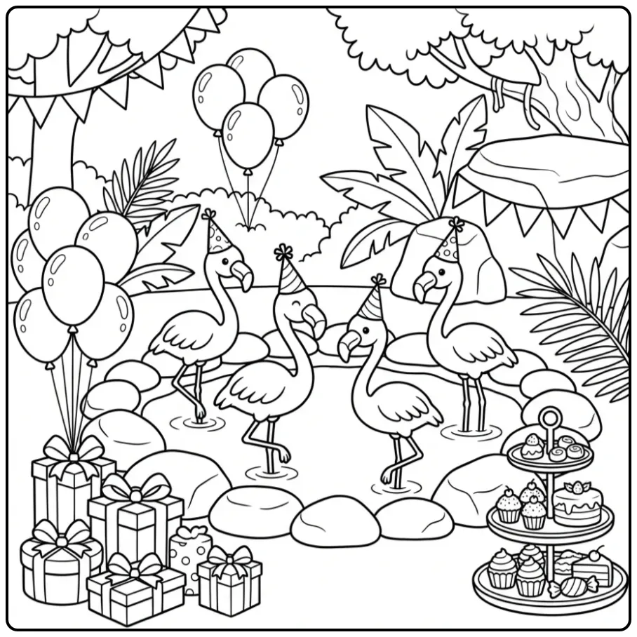 Vrolijke kleurplaat flamingo verjaardag met taart en cadeaus