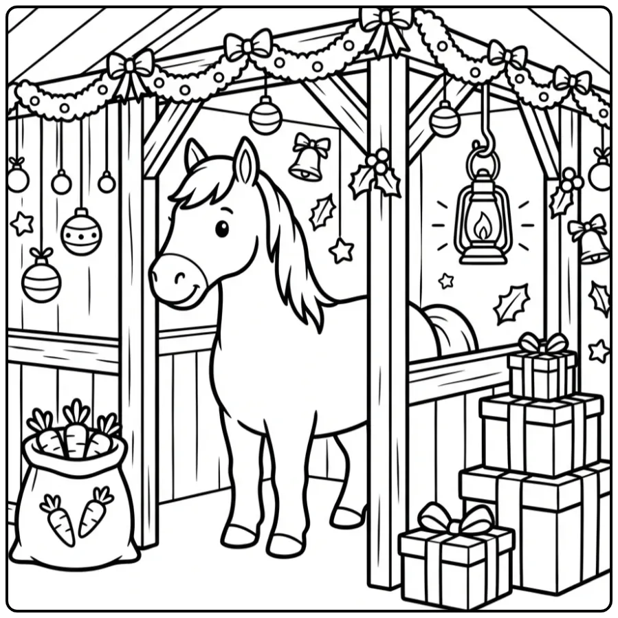Mooie kleurplaat kerst paard in een versierde stal.