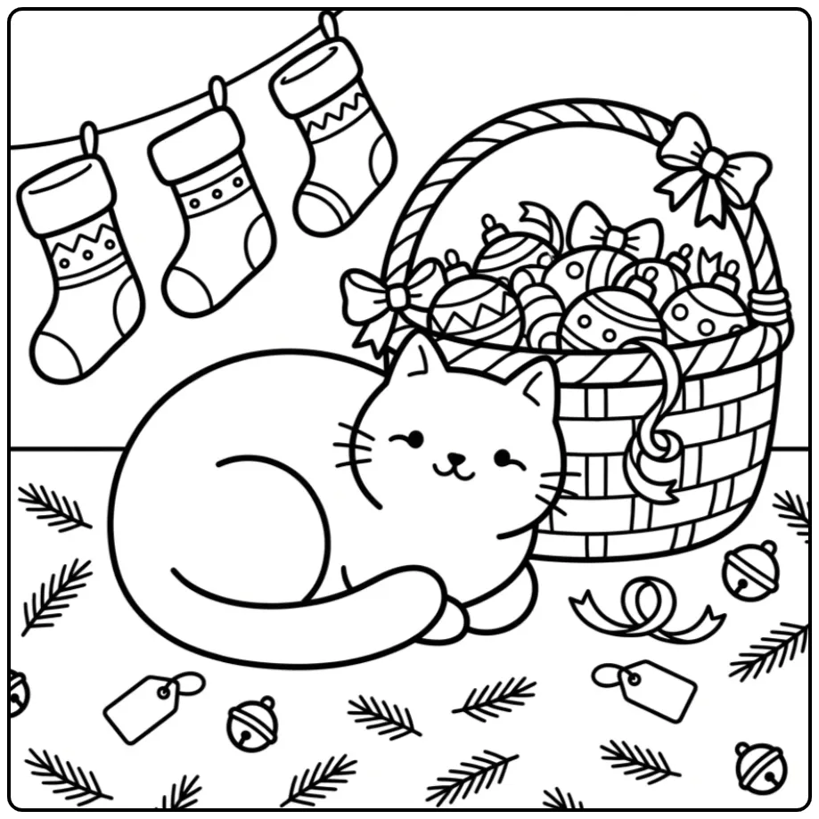 Schattige kleurplaat kerst poes naast mand met versiering.