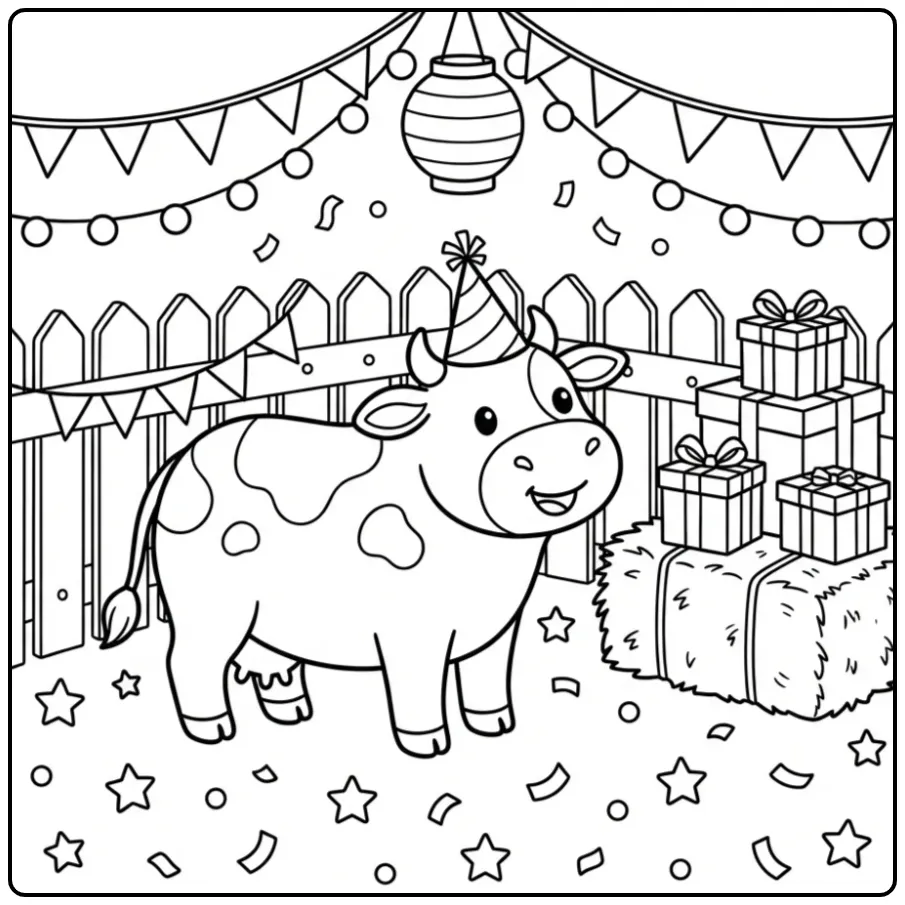 Een leuke kleurplaat koe verjaardag met cadeaus en slingers.