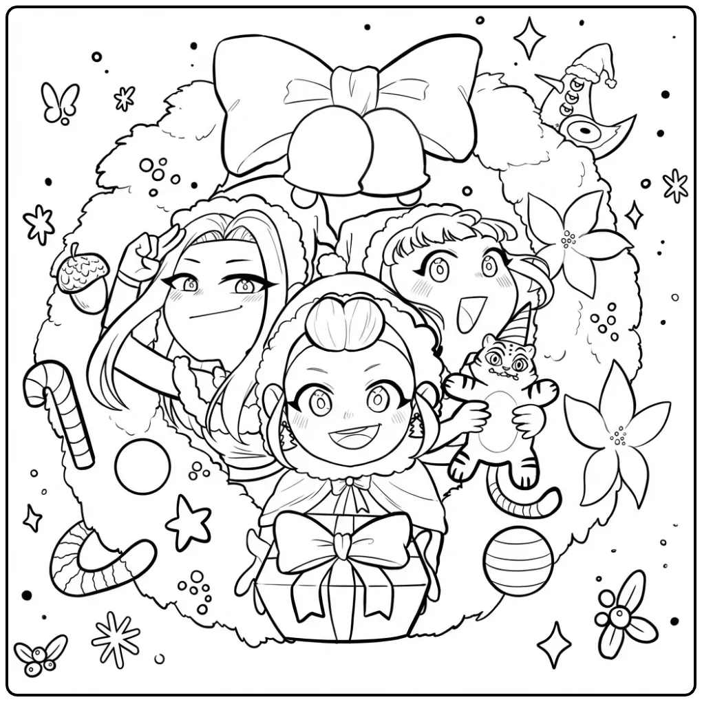 Kleurplaat kpop demon hunters met kerstkrans en cadeau.