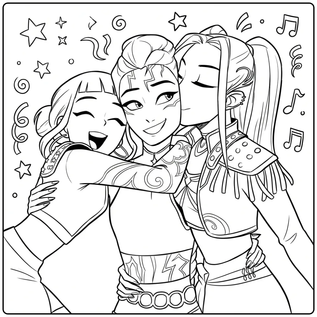 Kleurplaat kpop demon hunters: drie meiden vieren.
