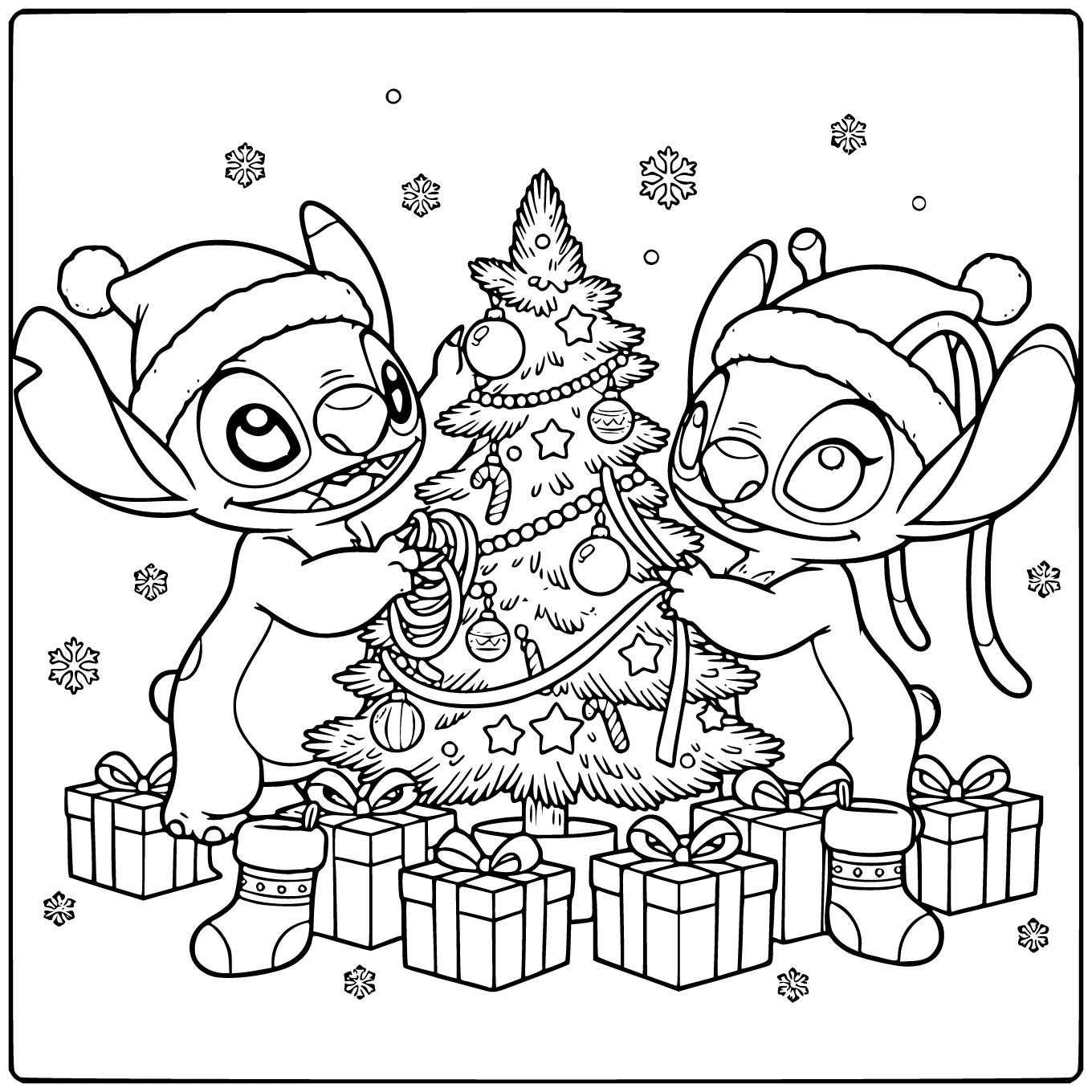 Vrolijke kleurplaat stitch en angel kerst onder de boom.