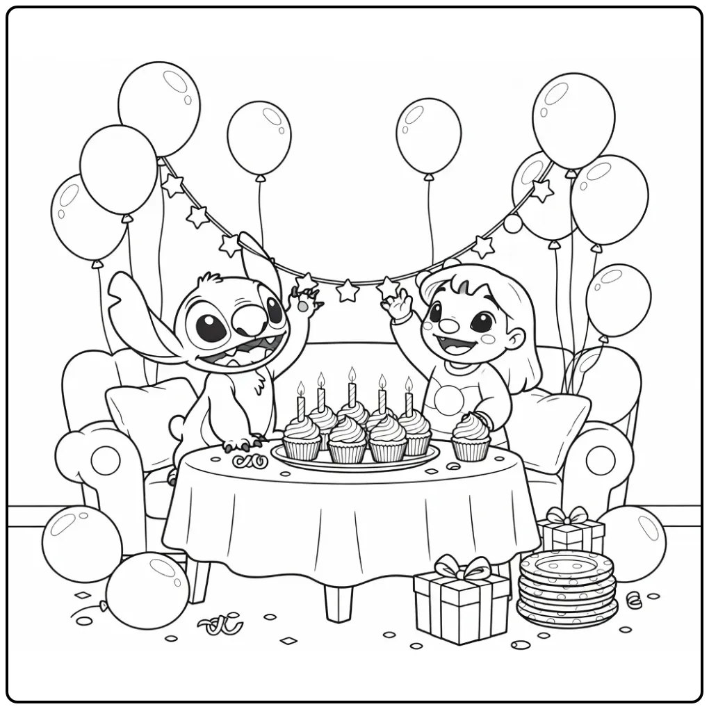 Vrolijke kleurplaat stitch verjaardag met slingers en taart.