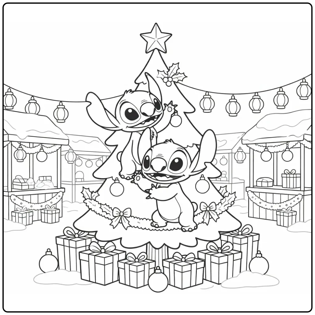 Vrolijke stitch kerst kleurplaat met kerstboom en ster.