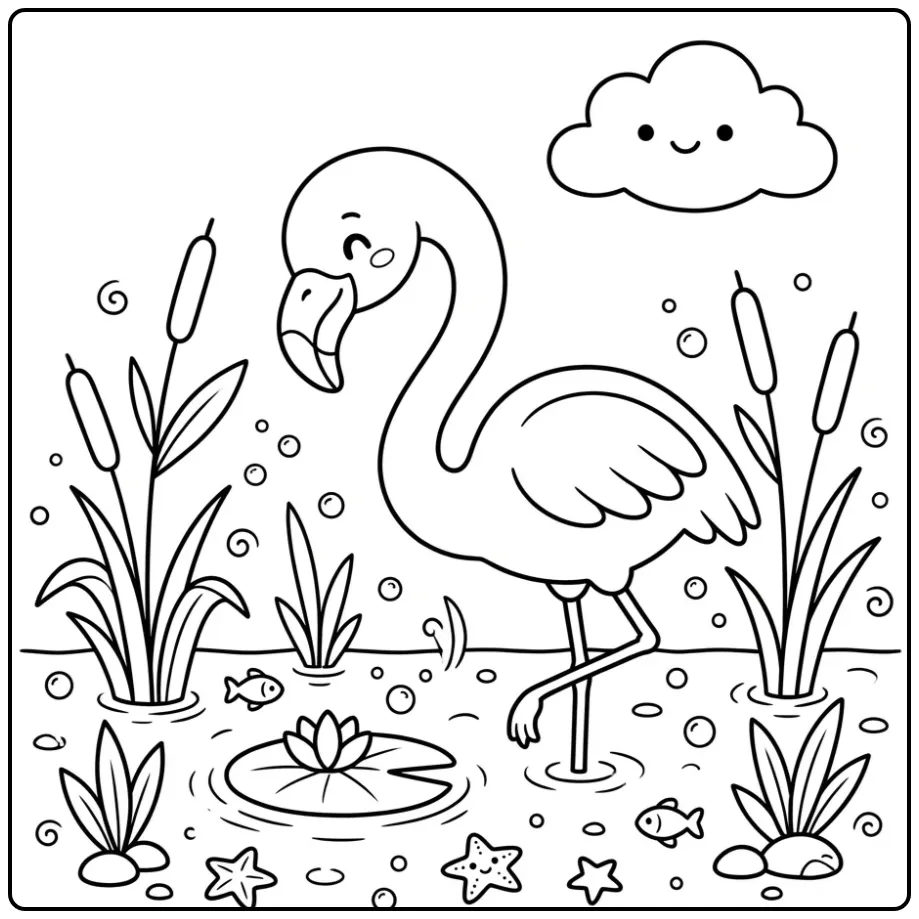 Leuke flamingo kleurplaat makkelijk met een waterlelie.