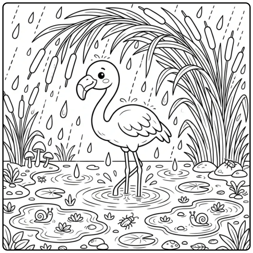 Schattige flamingo kleurplaat in de regen met riet.