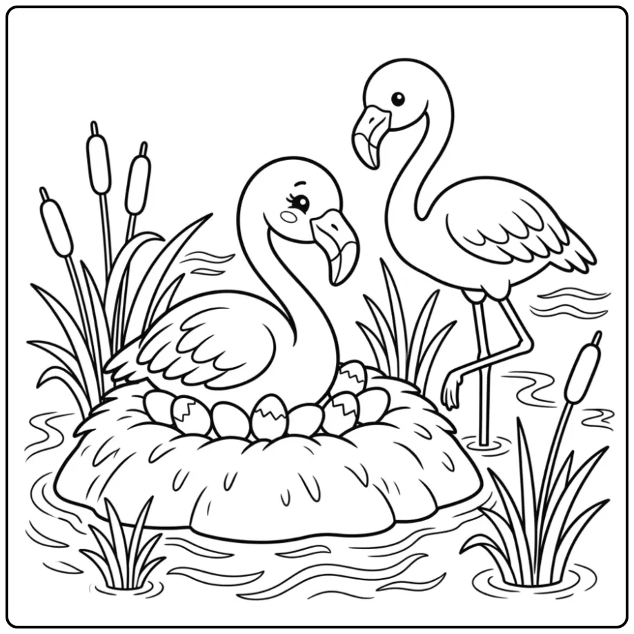 Schattige flamingo kleurplaat met nest en riet.