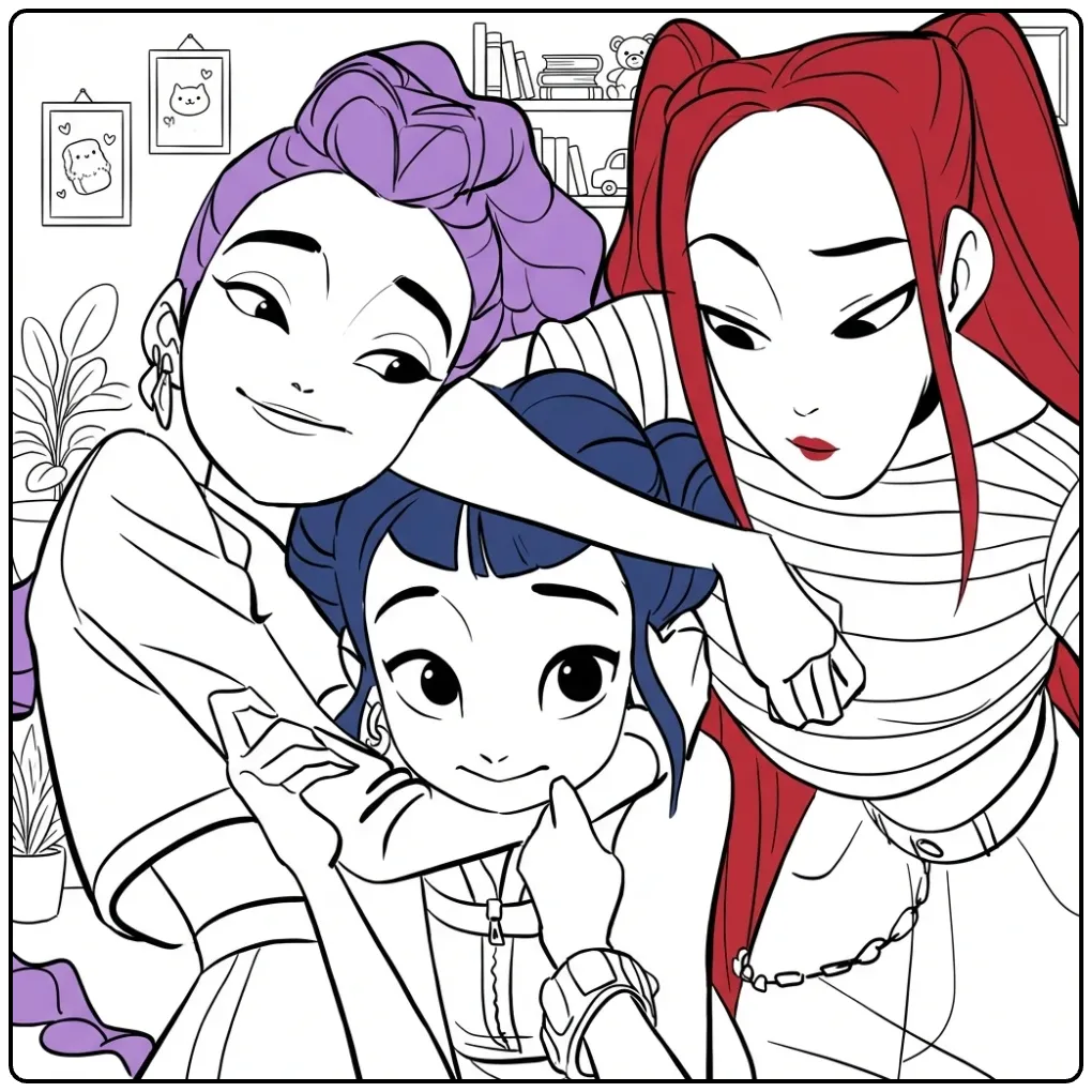 Kleurplaat kpop demon hunters: drie meiden poseren samen.