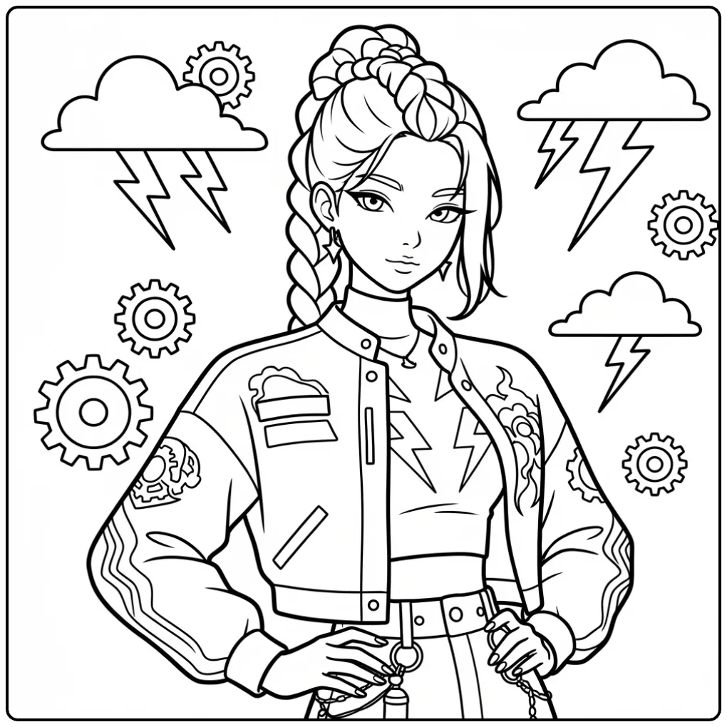 Kleurplaat kpop demon hunters rumi met stoere meid en tandwielen.