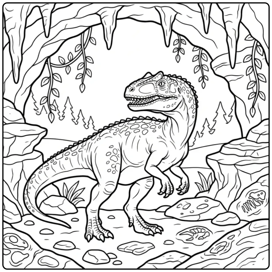 Realistische allosaurus kleurplaat in een mysterieuze grot.