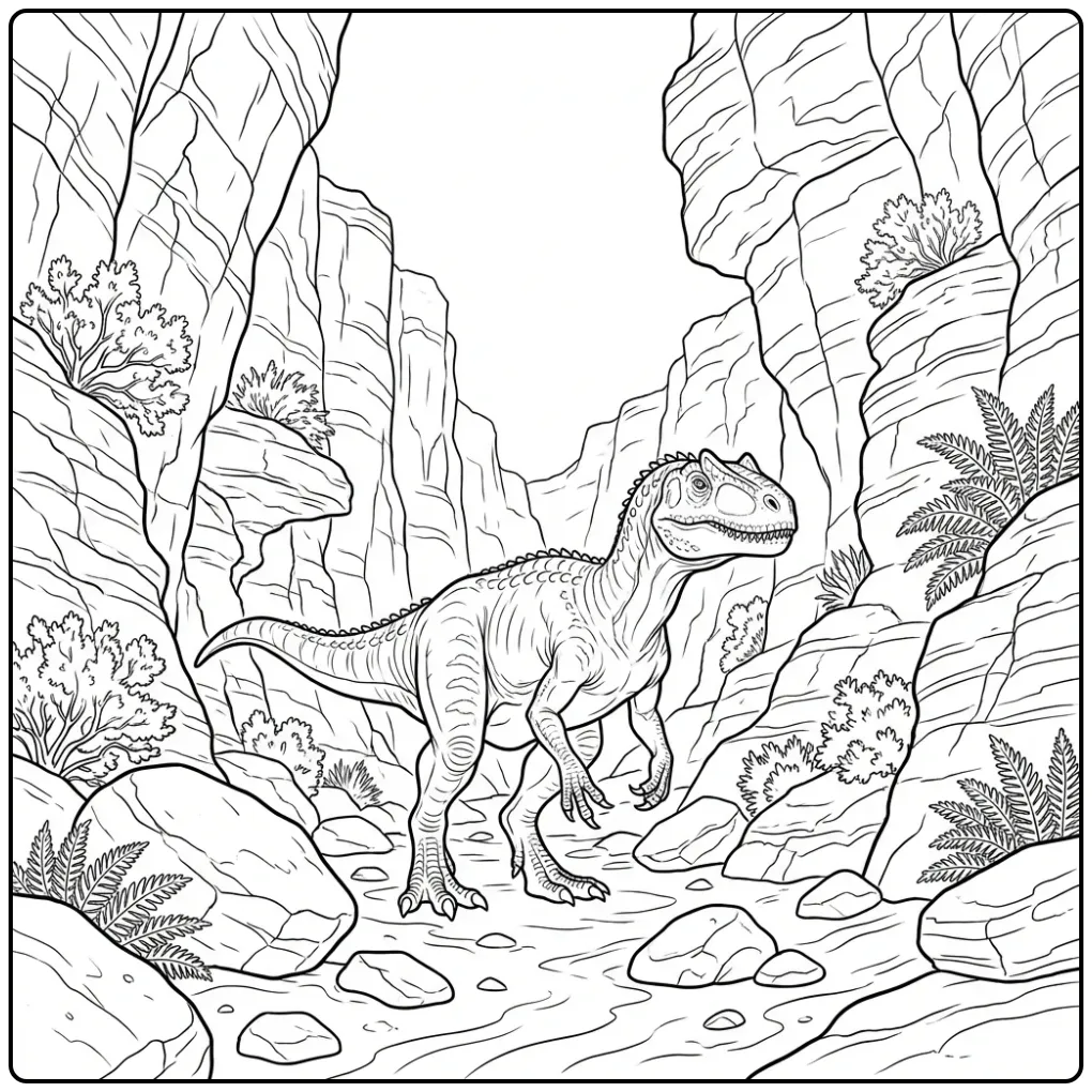 Realistische allosaurus kleurplaat in een nauwe stenen kloof.