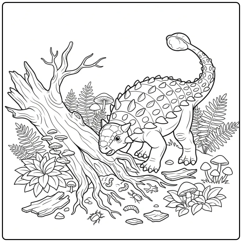 Leuke ankylosaurus kleurplaat bij omgevallen boom