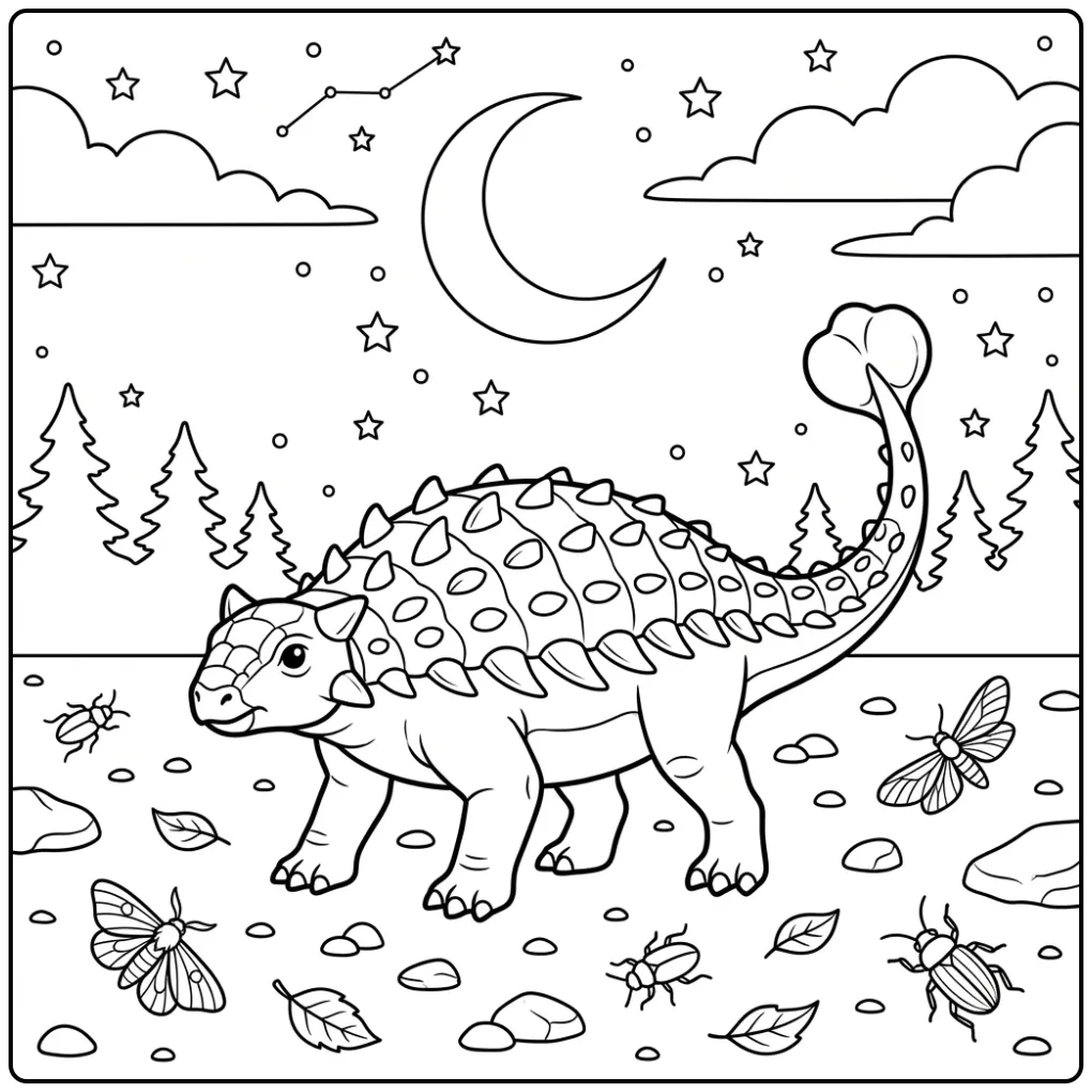 Nachtelijke ankylosaurus kleurplaat onder de sterren.