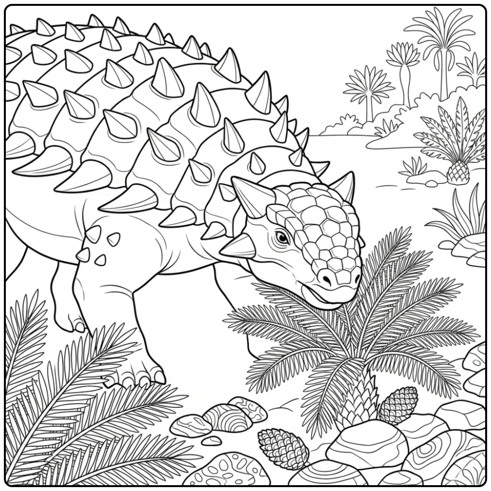 Ankylosaurus kleurplaat snuffelend aan cycaden.