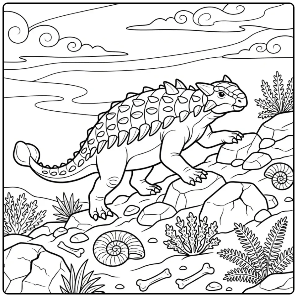 Ankylosaurus kleurplaat klimt op rotsen met fossielen.