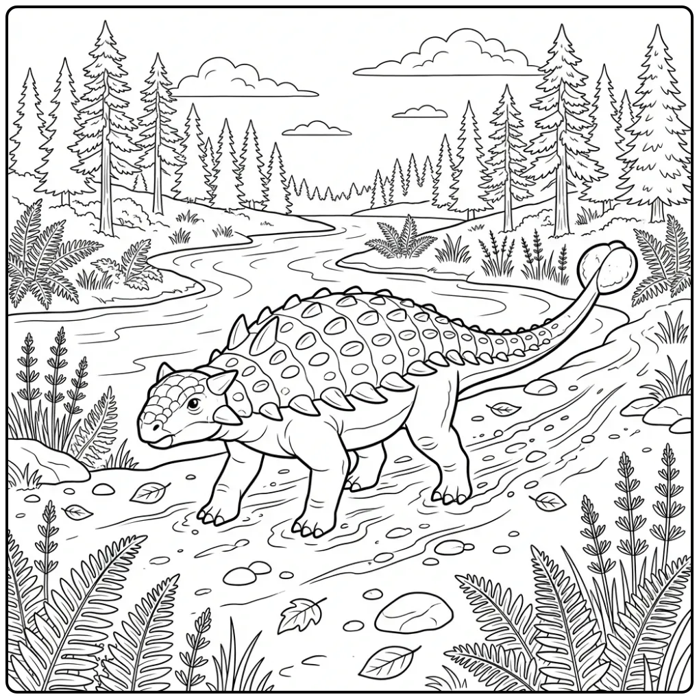 Een leuke ankylosaurus kleurplaat wandelend langs de rivier.