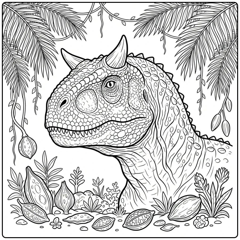Close-up carnotaurus kleurplaat met hoorns en lianen