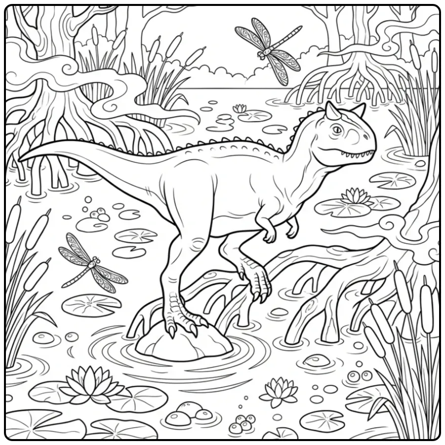 Een leuke carnotaurus kleurplaat in een moeras met wortels.